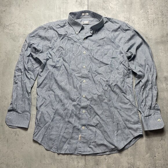 Peter Millar Long‎ Sleeve Dress Shirt Check 100% Cotton Blue Men’s Size Large - Picture 1 of 7